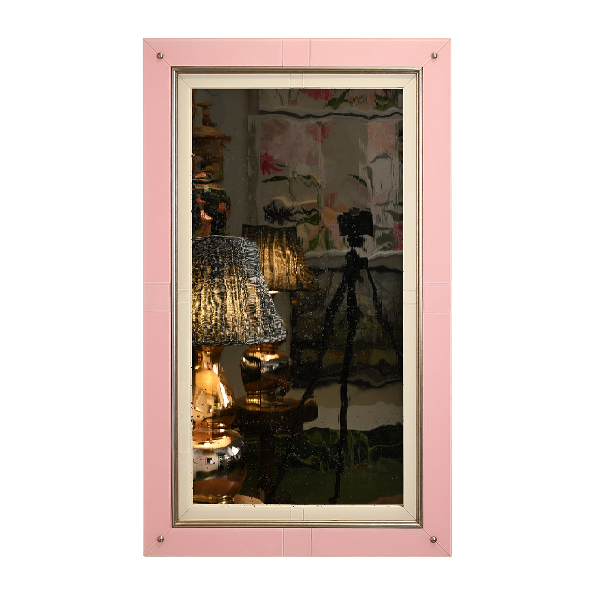 KRB Peony Pink Reverse Painted Glass and Silver Gilt Mirror