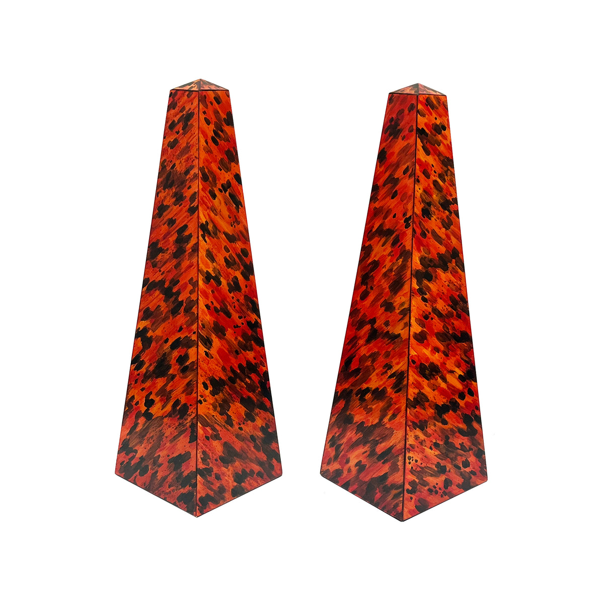 KRB Pair of Hand-Painted Obelisks in Flame Faux Tortoise