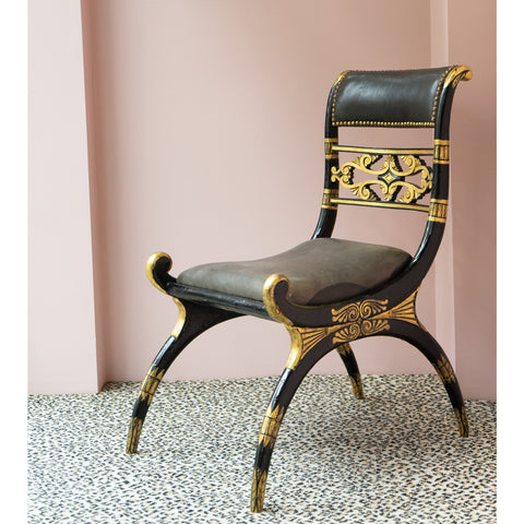 Pair of Early 20th c. Black and Gilt Klismos Form Chairs