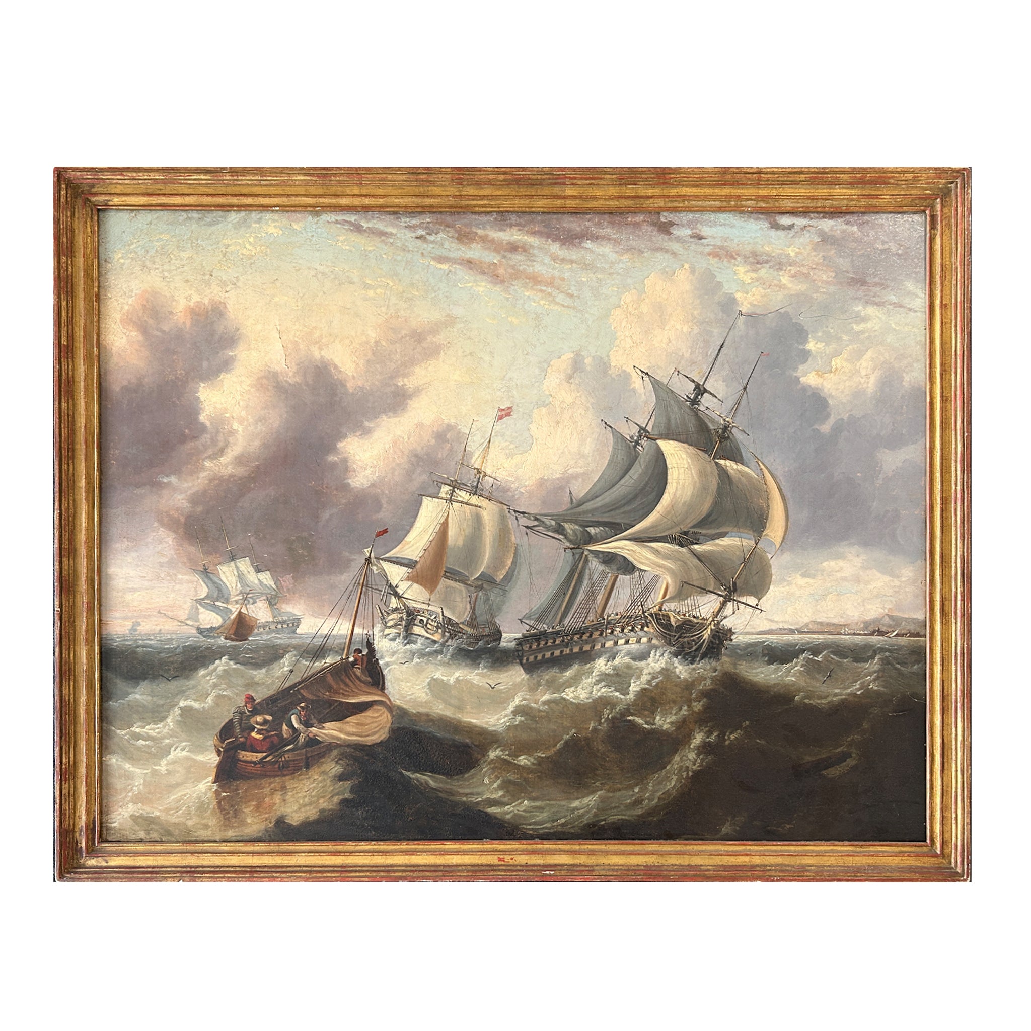 18th Century Dutch Oil on Canvas Ship Scene on Rough Seas