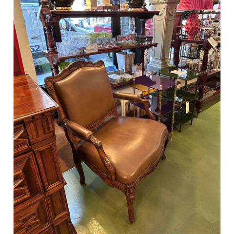 French Oversized Fauteuil, Upholstered in Brown Leather