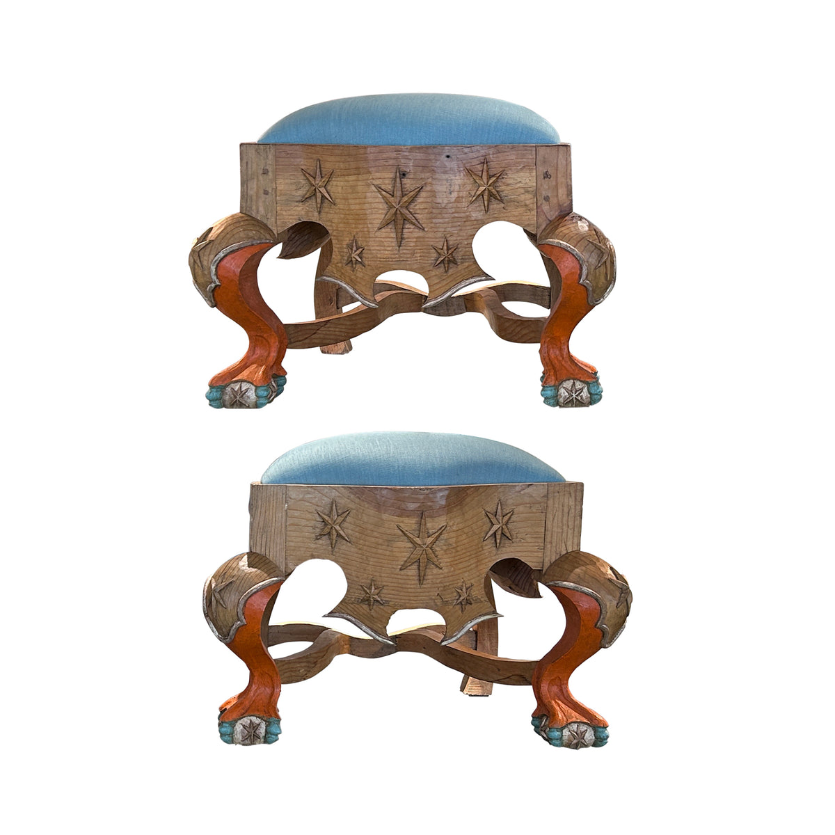 Pair of Menorca Small Stools in Multicolor with Silver Leaf