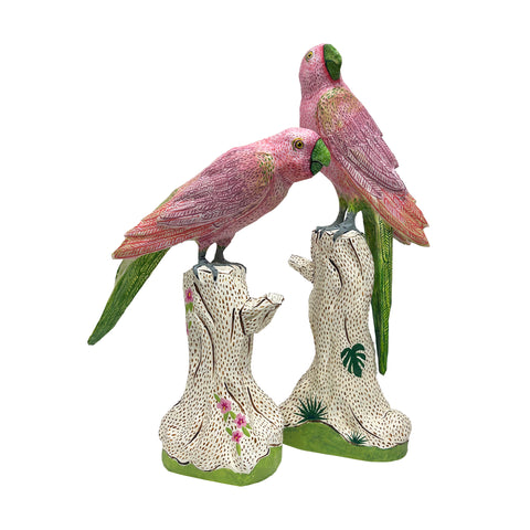Mark Gagnon, Pair of Pink and Green Papier Mache Parrots on Tree Trunks