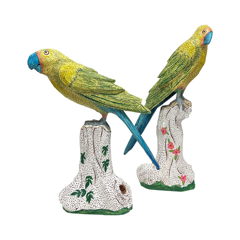 Mark Gagnon, Pair of Yellow and Blue Papier Mache Parrots on Tree Trunks