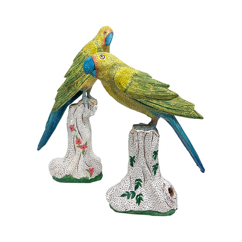 Mark Gagnon, Pair of Yellow and Blue Papier Mache Parrots on Tree Trunks