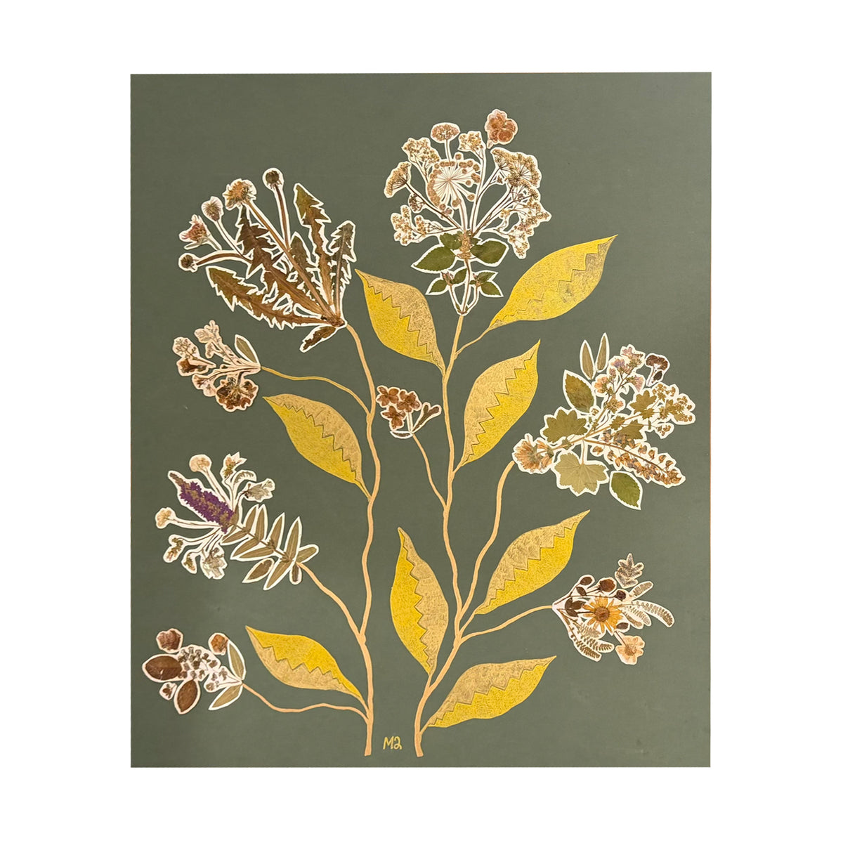 Marian McEvoy, Collage of 150-Year-Old Pressed Botanicals with Metallic Pen and Ink Leaves and Stems