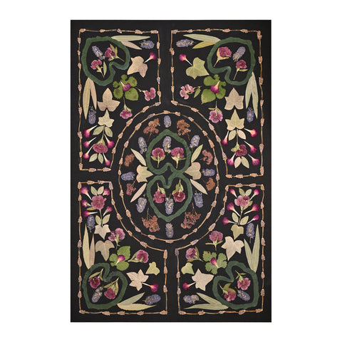 Marian McEvoy, Collage of Carnations, Carnation Petals and Lilac with Bamboo, Willow, Rose and Mulberry Leaves on Black Background