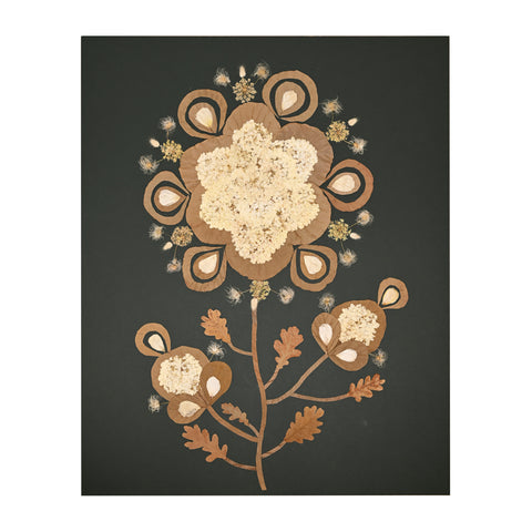 Marian McEvoy, Collage of Oak, Catalpa and Guava Leaves with Hydrangea, Queen Anne's Lace and Rose Petals on a Deep Forest Green Background