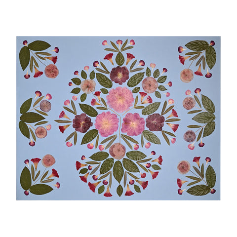 Marian McEvoy, Collage of Pressed Peonies, Poppies, Morning Glories and Carnation Petals with English Magnolia and Willow on Sky Blue Background