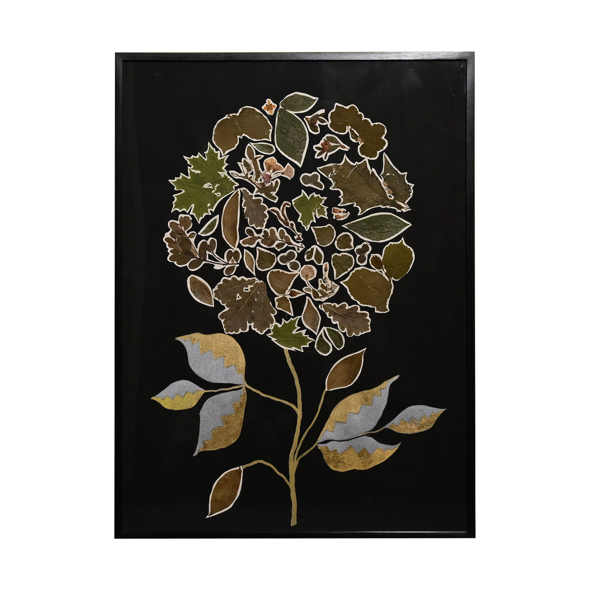 Marian McEvoy, Collage of a Large Flower Composed of Antique Cut Out Maple, Mulberry, Oak and Aspen Leaves and Silver and Gold Metallic Ink Leaves and Stems