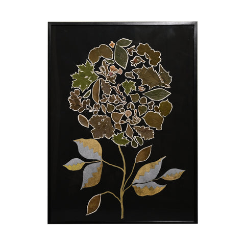 Marian McEvoy, Collage of a Large Flower Composed of Antique Cut Out Maple, Mulberry, Oak and Aspen Leaves and Silver and Gold Metallic Ink Leaves and Stems