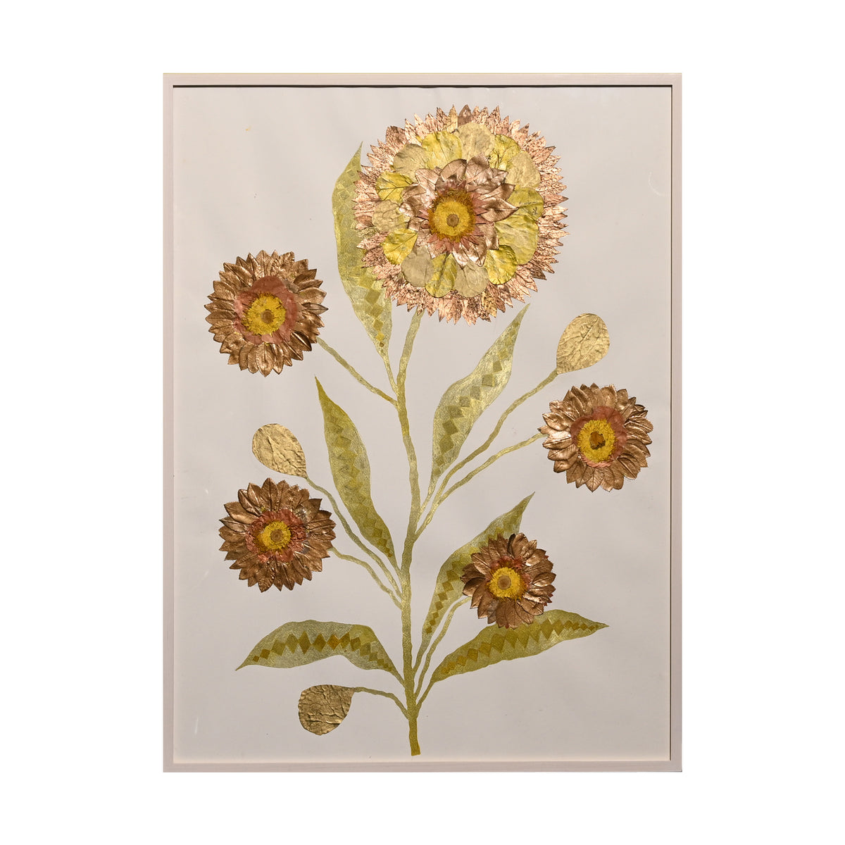 Marian McEvoy, Collage of Pressed Dandelions, Metallic Painted Rose, Hydrangea, Oak and Rose of Sharon Leaves with Gold and Bronze Metallic Ink Leaves and Stems