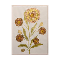Marian McEvoy, Collage of Pressed Dandelions, Metallic Painted Rose, Hydrangea, Oak and Rose of Sharon Leaves with Gold and Bronze Metallic Ink Leaves and Stems