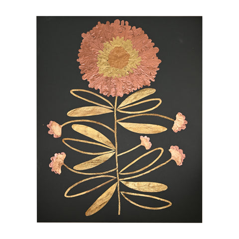 Marian McEvoy, Collage of Gold, Bronze, and Copper Metallic Pressed Leaves on Deep Forest Green Background