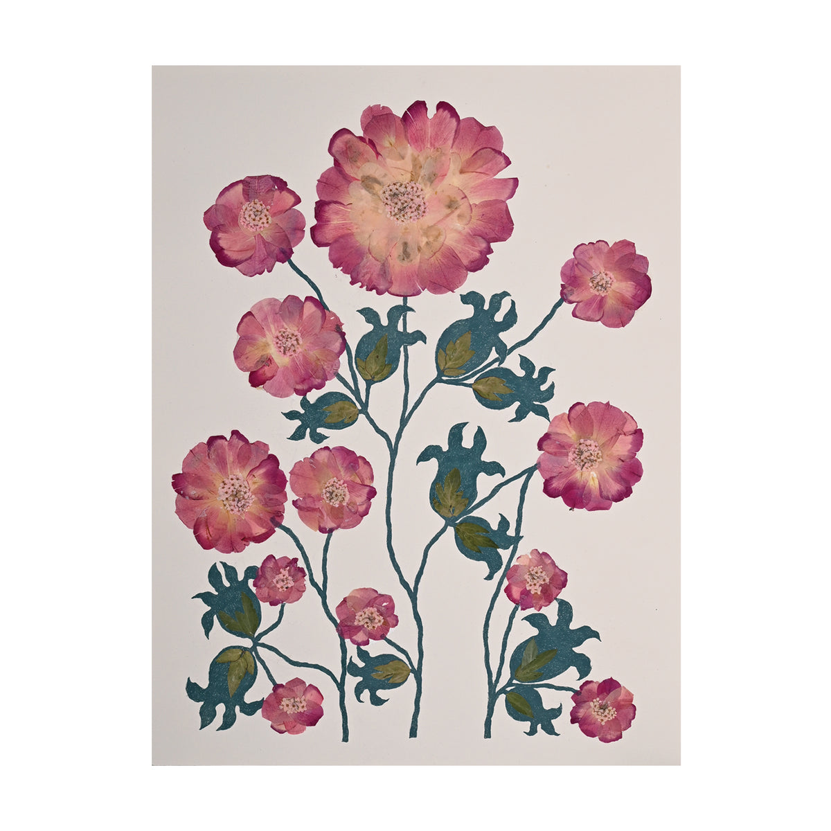 Marian McEvoy, Collage of Pen and Ink Leaves and Stems and Flowers Made of Peony Petals Leaves