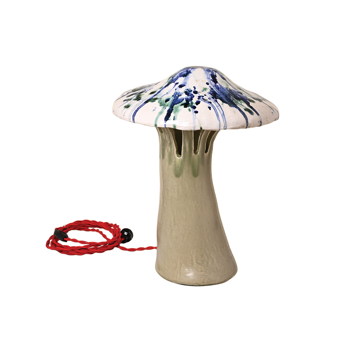 Ceramic Polychrome Marbled Shroom Lamp in Blue Green Spots with Celadon Base