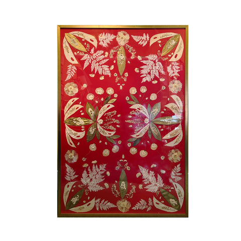 Marian McEvoy, Bleached Monstera and Bronzed English Walnut Leaves on Radiant Red Background