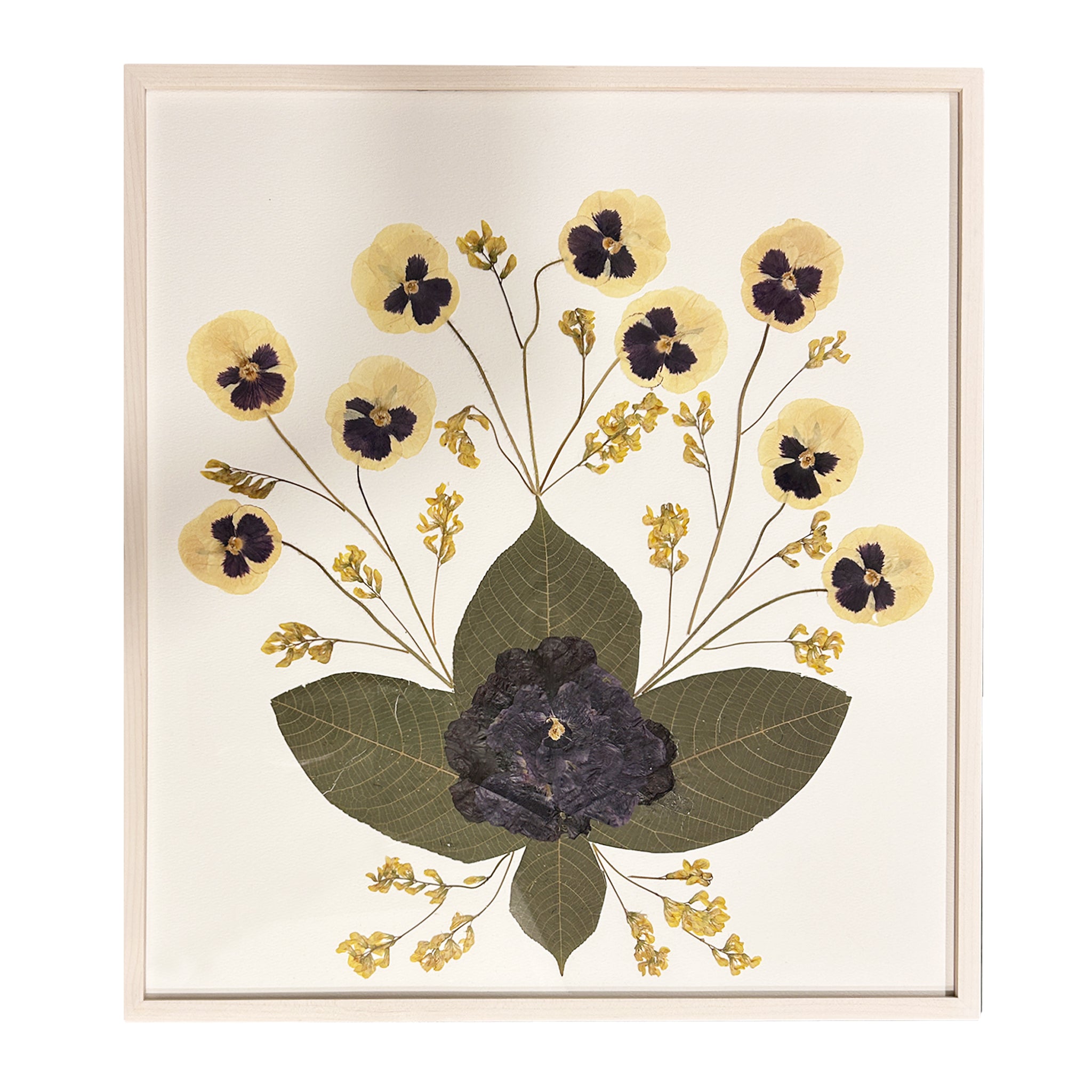 Marian McEvoy, Collage of Pansies Forsythia and Columbine with English Walnut Leaves