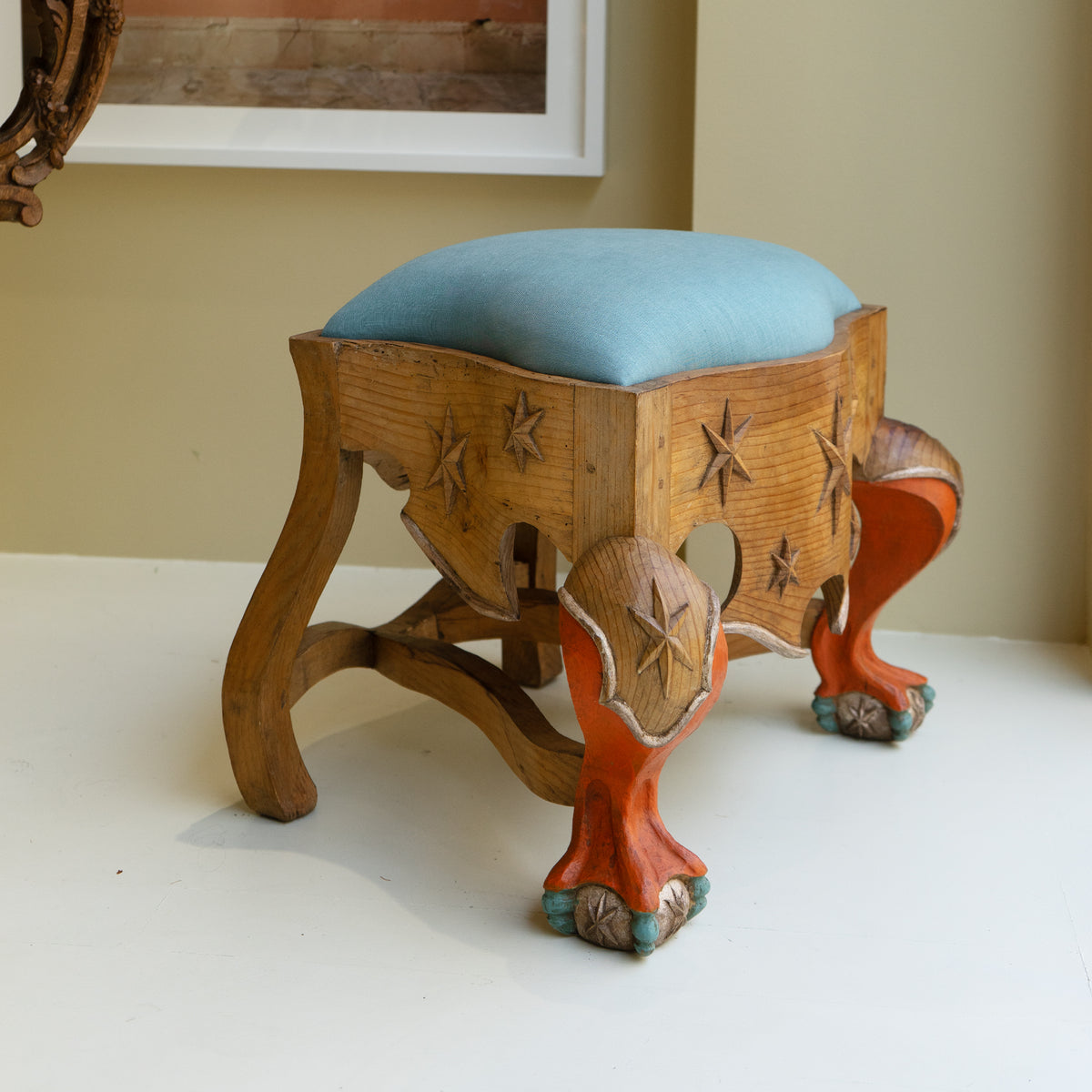 Pair of Menorca Small Stools in Multicolor with Silver Leaf