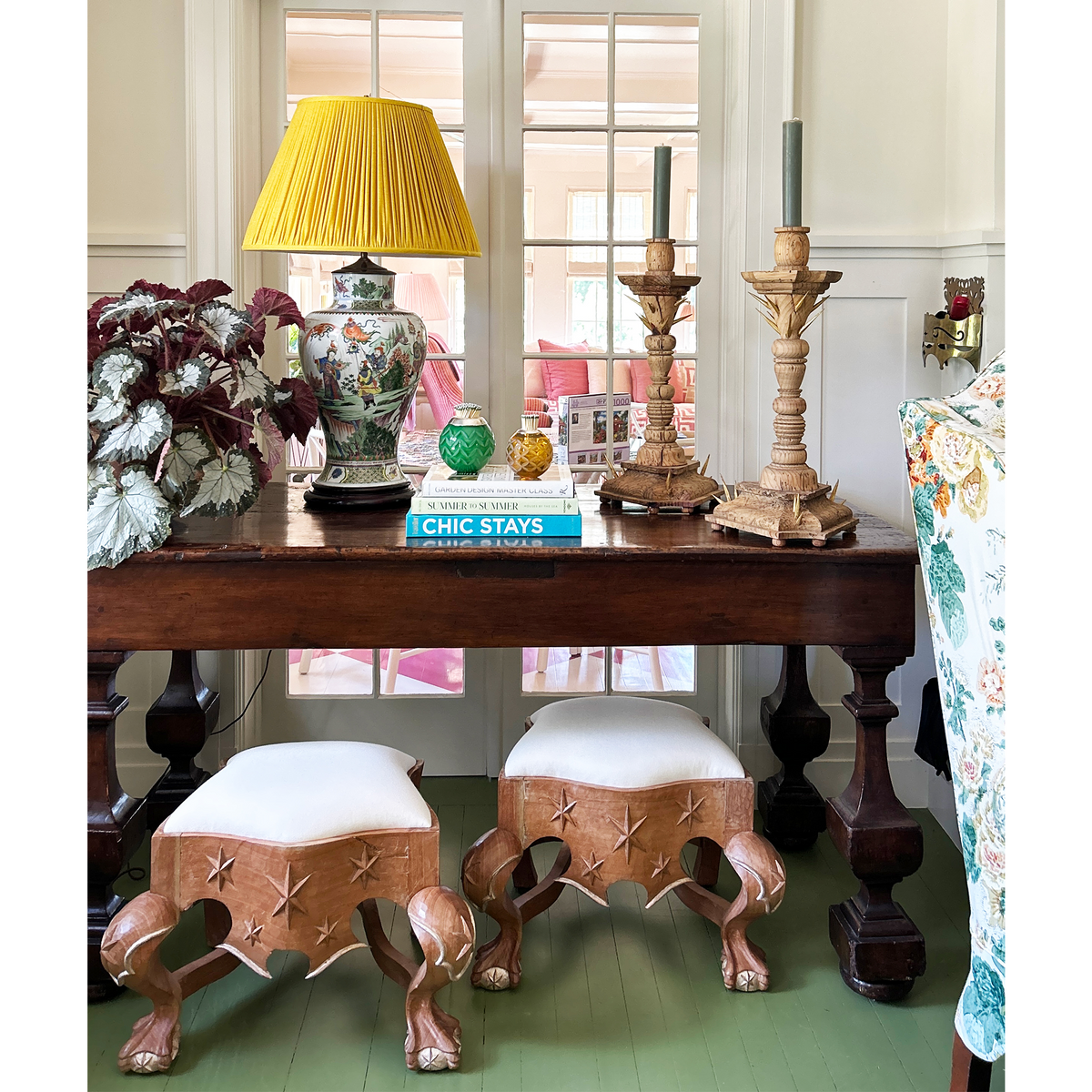 Pair of Menorca Small Stools with Silver Leaf