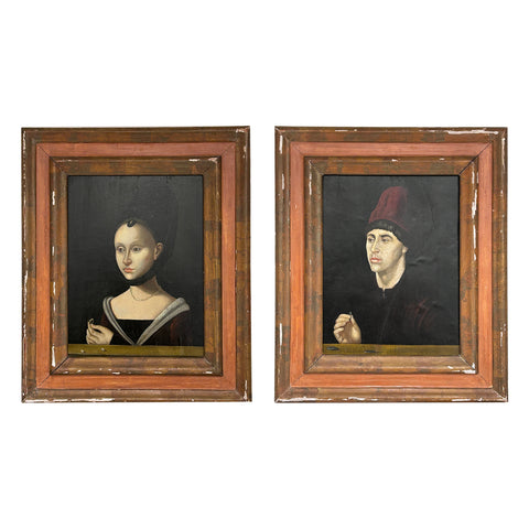 Pair of Renaissance Style Oil on Panel Portraits
