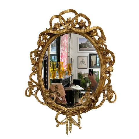 19th Century Oval Gilt Mirror with Four Candle Holders