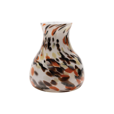 White Low Dropneck Vase with Orange, Black, and Pale Oak Camouflage Spots