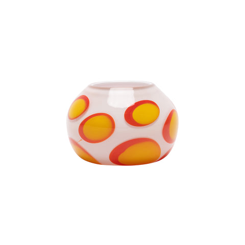 White Low Vase with Red and Yellow Spots