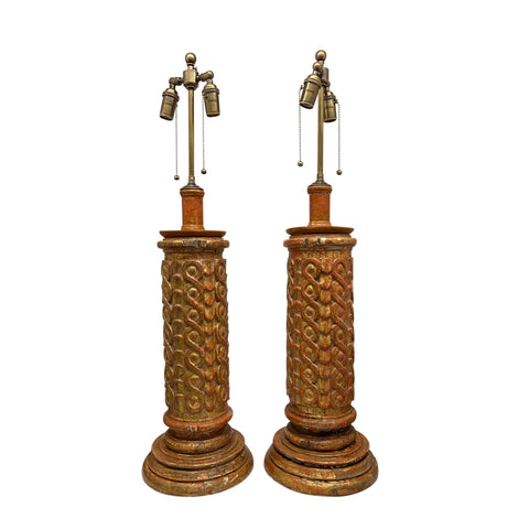 Pair of 18th Century Portuguese Carved and Gilt Columnar Fragment Lamps