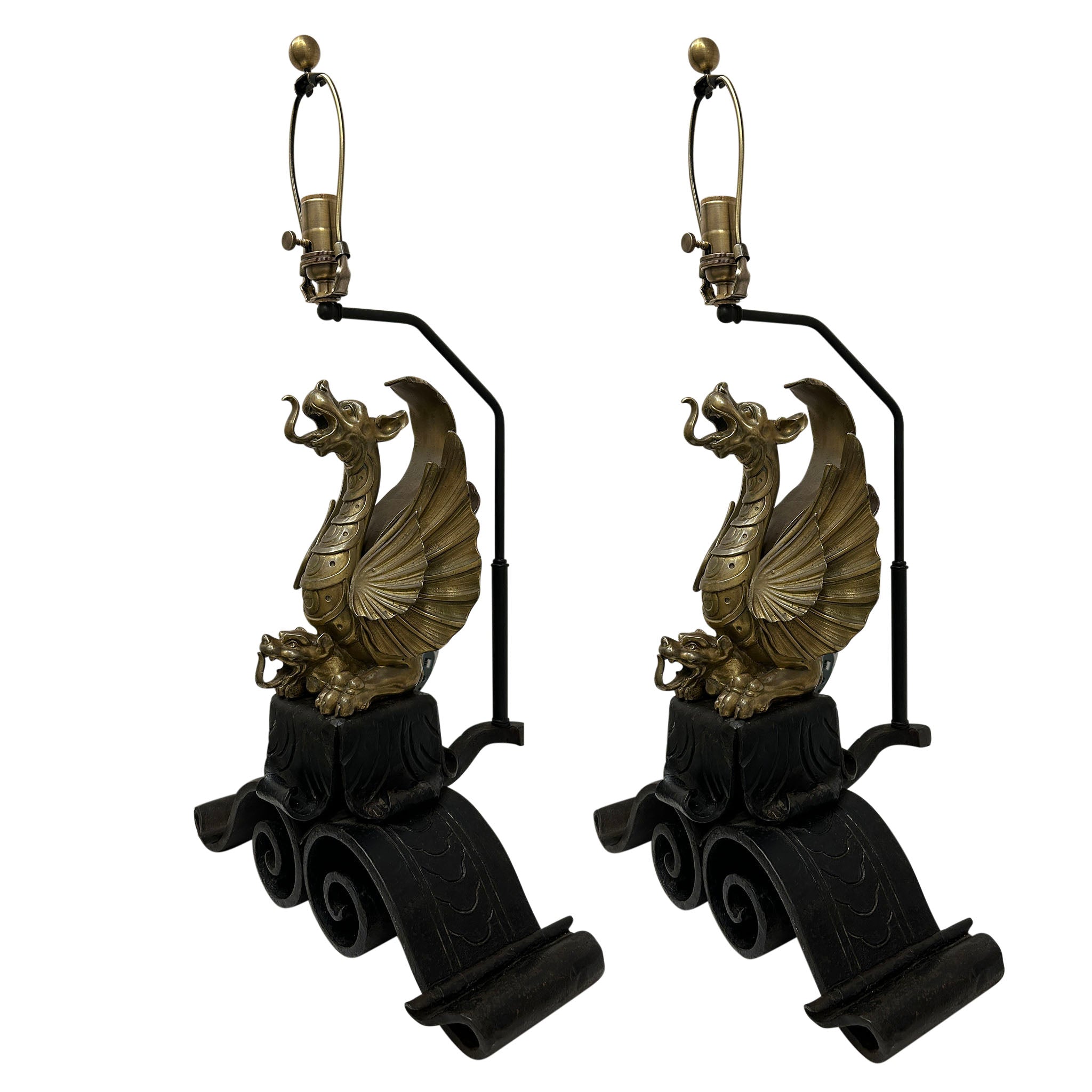 Pair of Late 19th Century Spanish Wrought Iron and Bronze Dragon Form Lamps