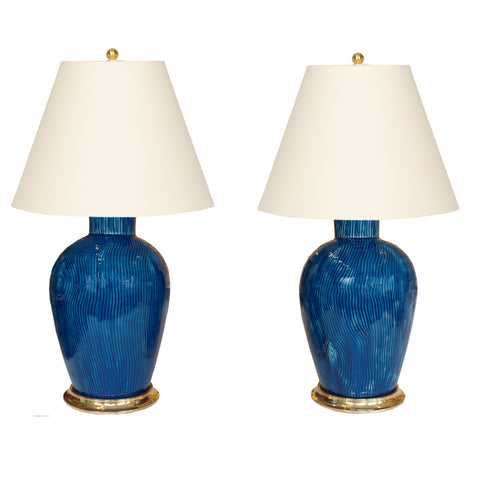 Pair of Penny Lamps with Faux Bois in Prussian Blue