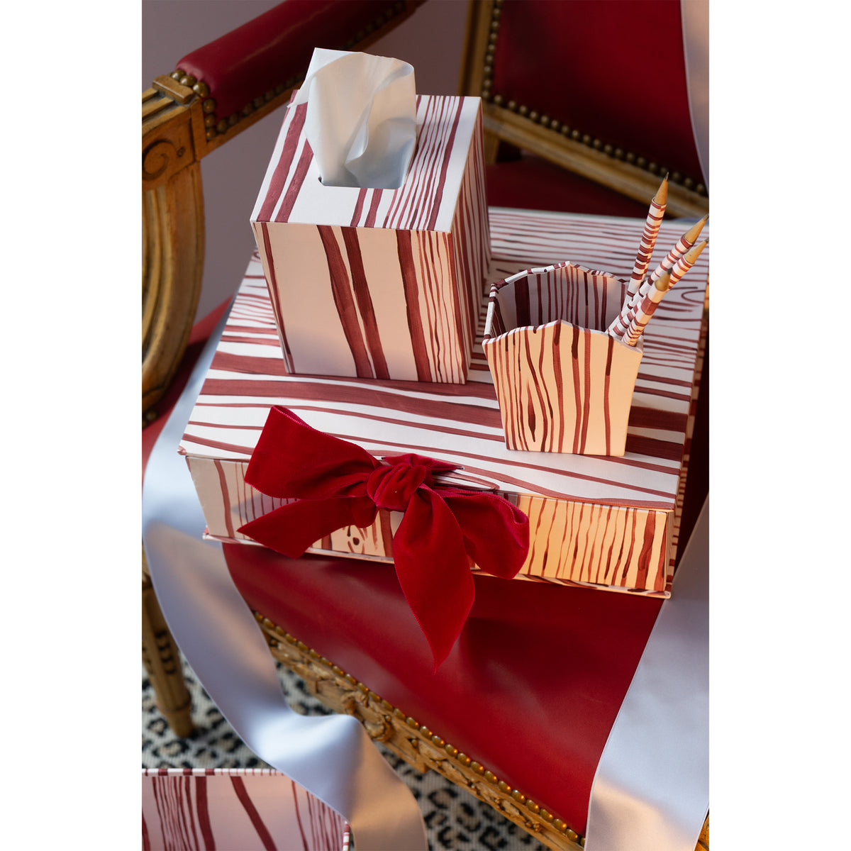 Hand-Painted Paper-Covered Accessories in Peppermint Bark