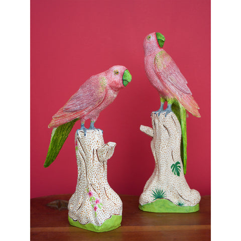 Mark Gagnon, Pair of Pink and Green Papier Mache Parrots on Tree Trunks
