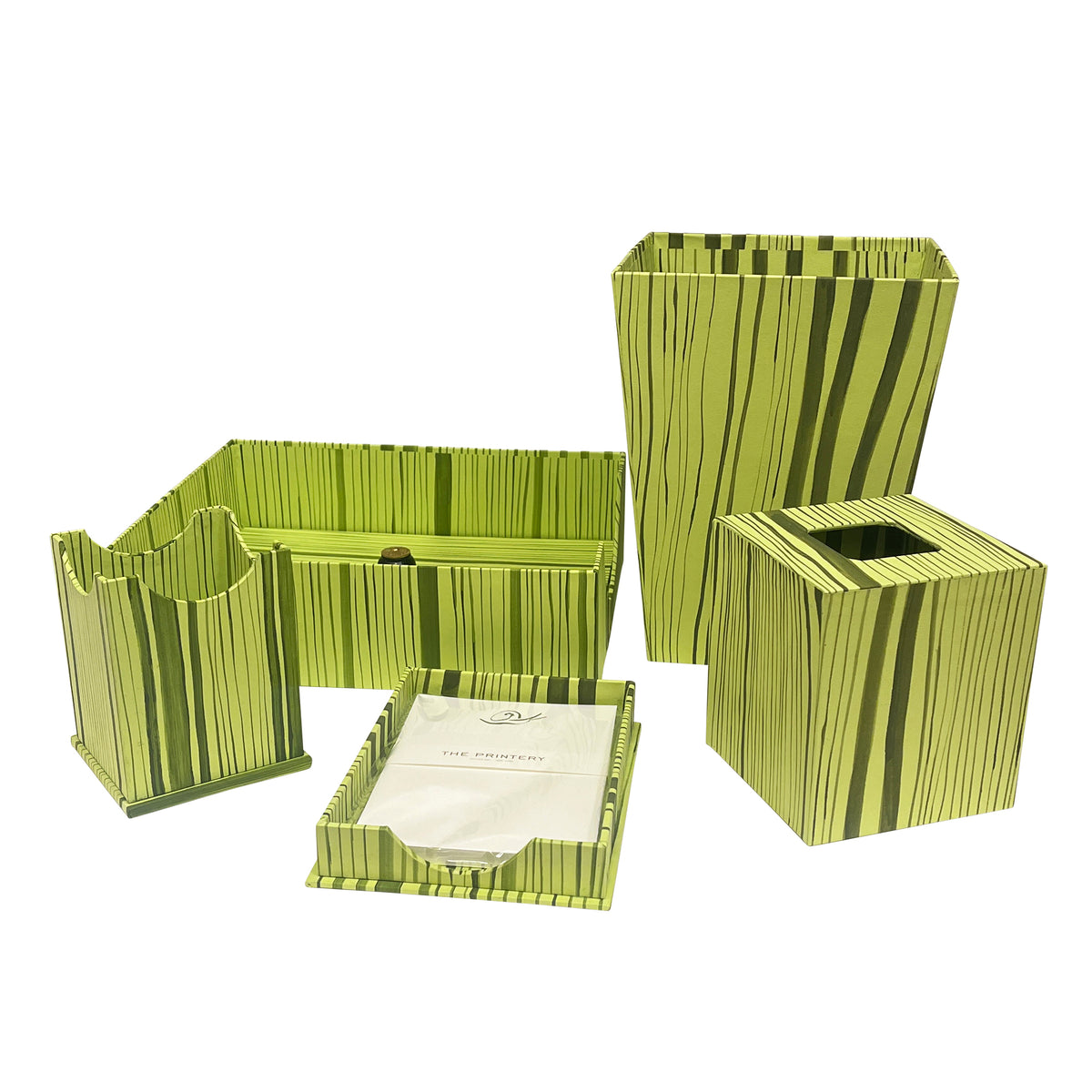 Hand-Painted Paper-Covered Accessories in Sludge on Chartreuse Faux Bois