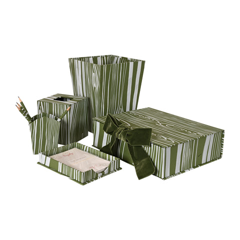 Hand-Painted Paper-Covered Accessories in Olive and White Faux Bois