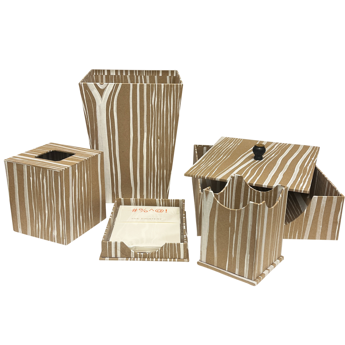 Hand-Painted Paper-Covered Accessories in White on Natural Faux Bois