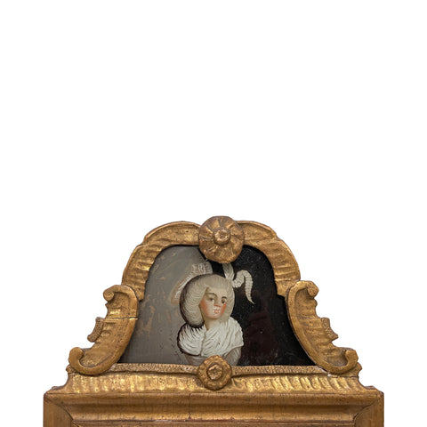 18th Century Continental Petit Gilded Mirror with Reverse Glass Painted Pediment