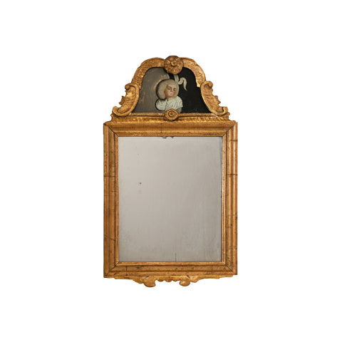 18th Century Continental Petit Gilded Mirror with Reverse Glass Painted Pediment