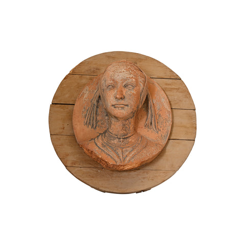 19th Century Terracotta Bust of Woman on Wooden Round