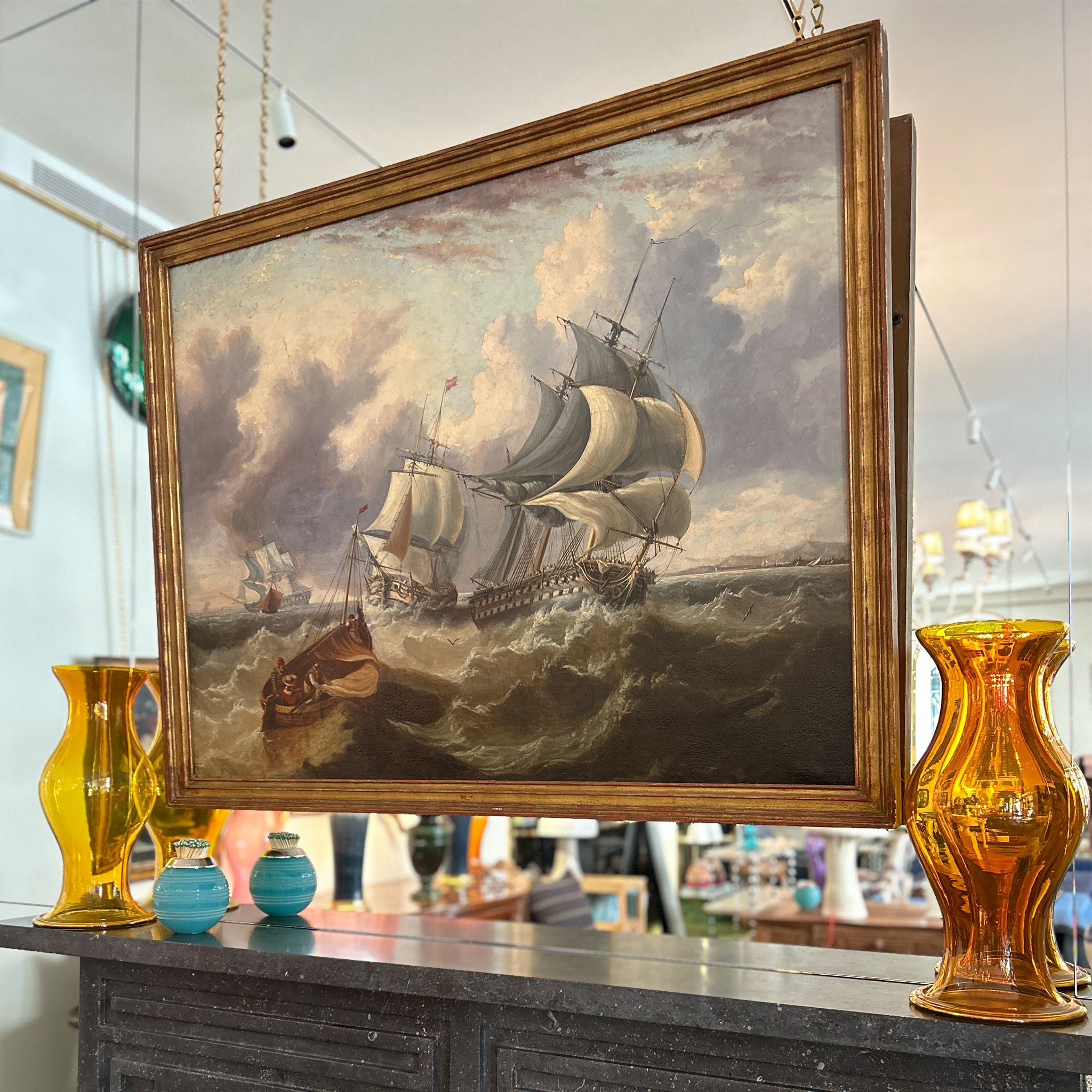 18th Century Dutch Oil on Canvas Ship Scene on Rough Seas