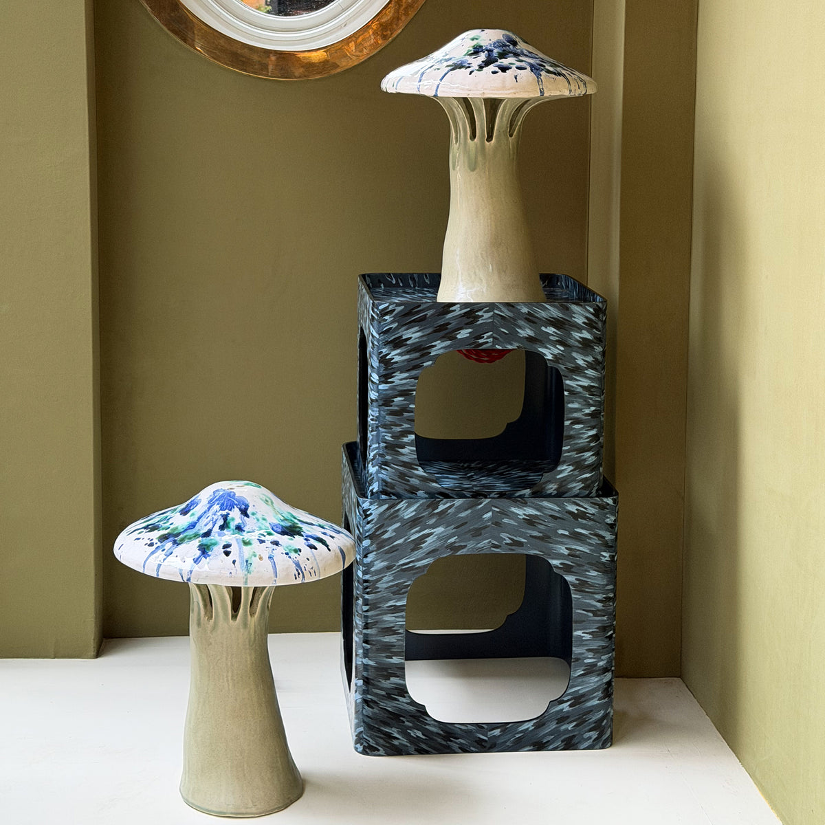 Ceramic Polychrome Marbled Shroom Lamp in Blue Green Spots with Celadon Base