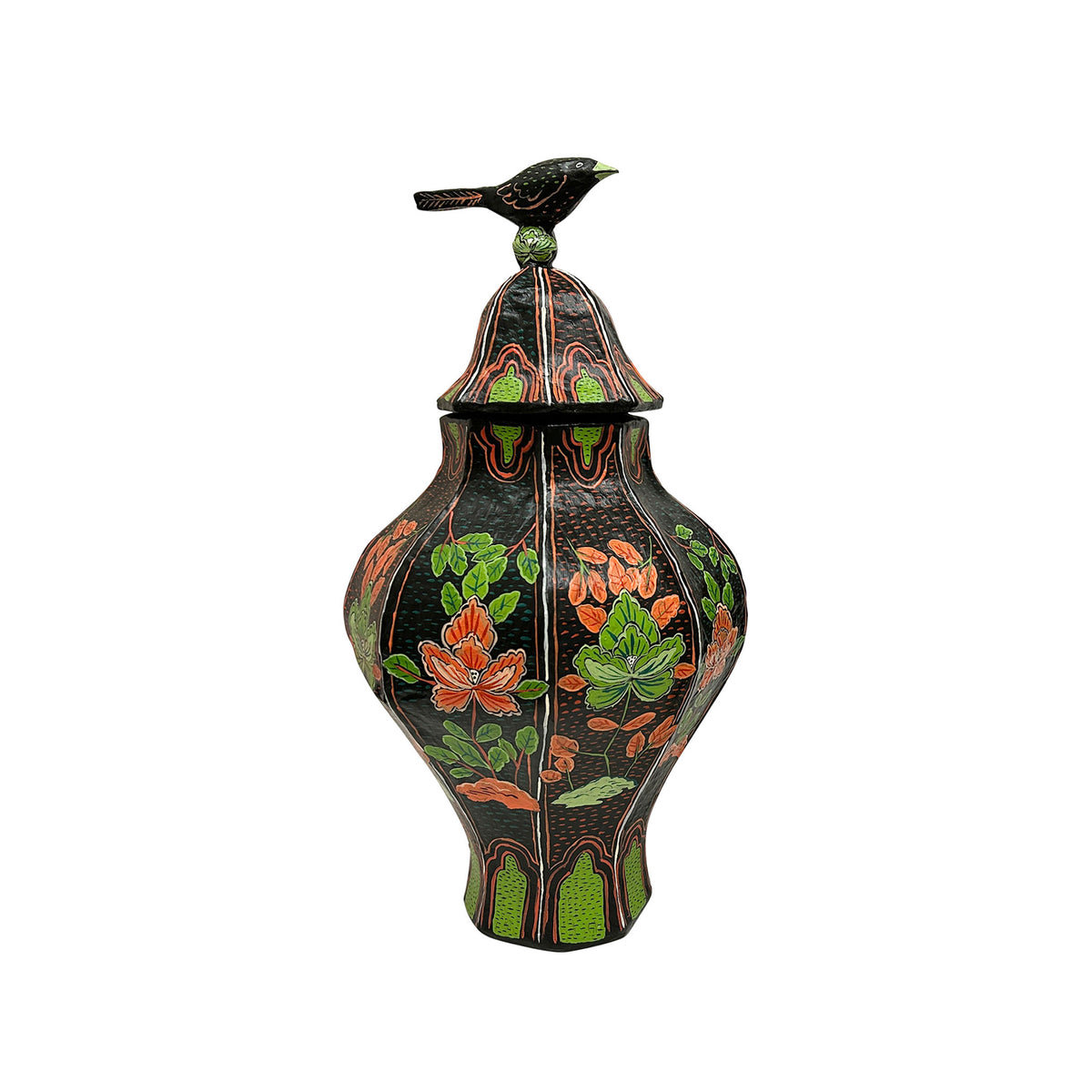 Mark Gagnon, Papier Mache Famille Noire Ginger Jar with Bird Handle