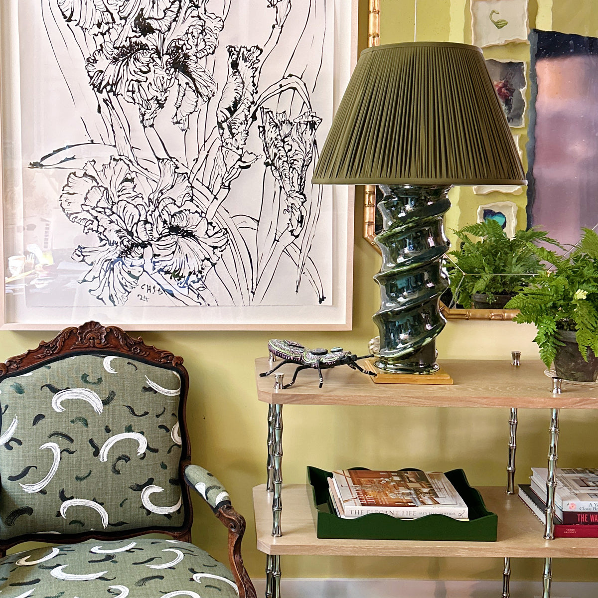 Sludge Green Silk Hand-Shirred Lampshade