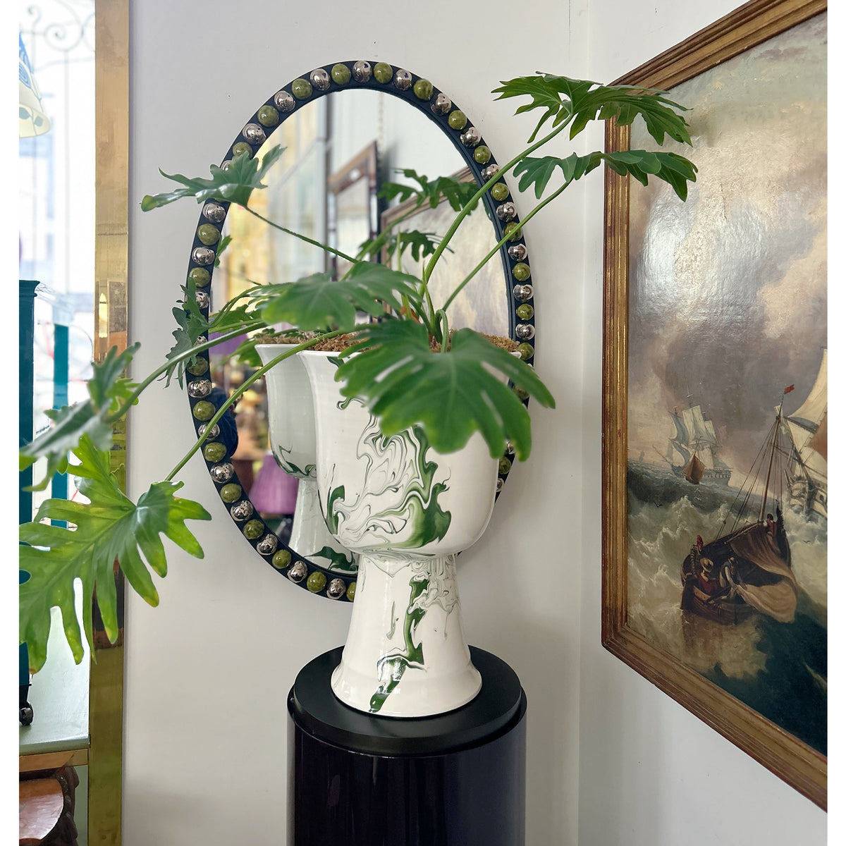 Irish Oval Mirror in Platinum Luster and Spruce