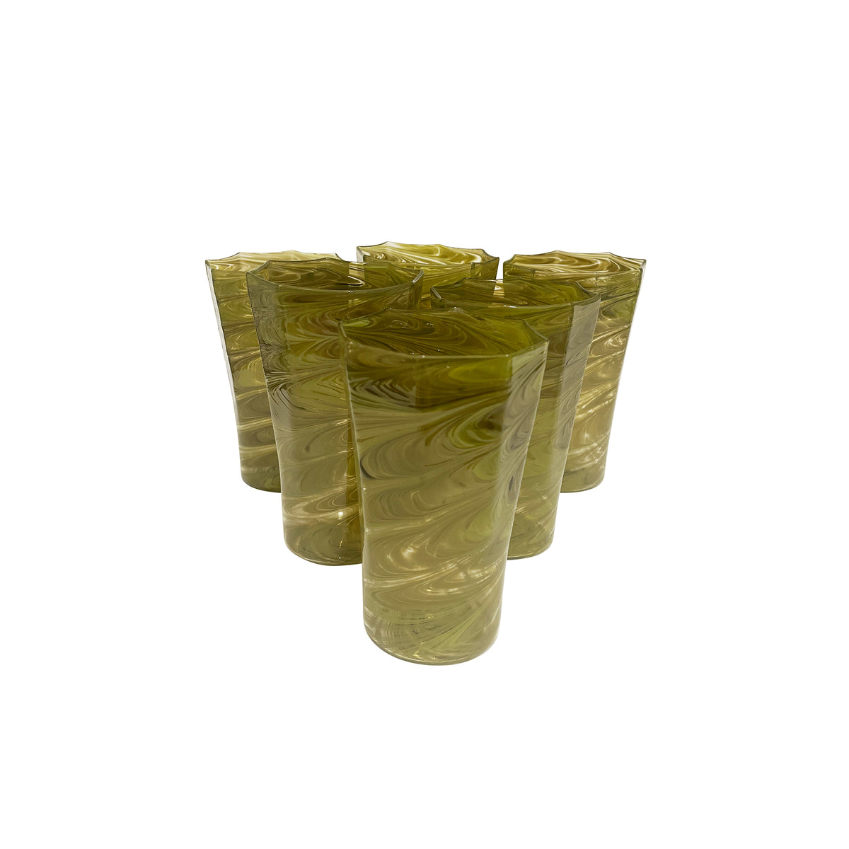 Set of Six Tall Octagonal Marbled Twist Glasses