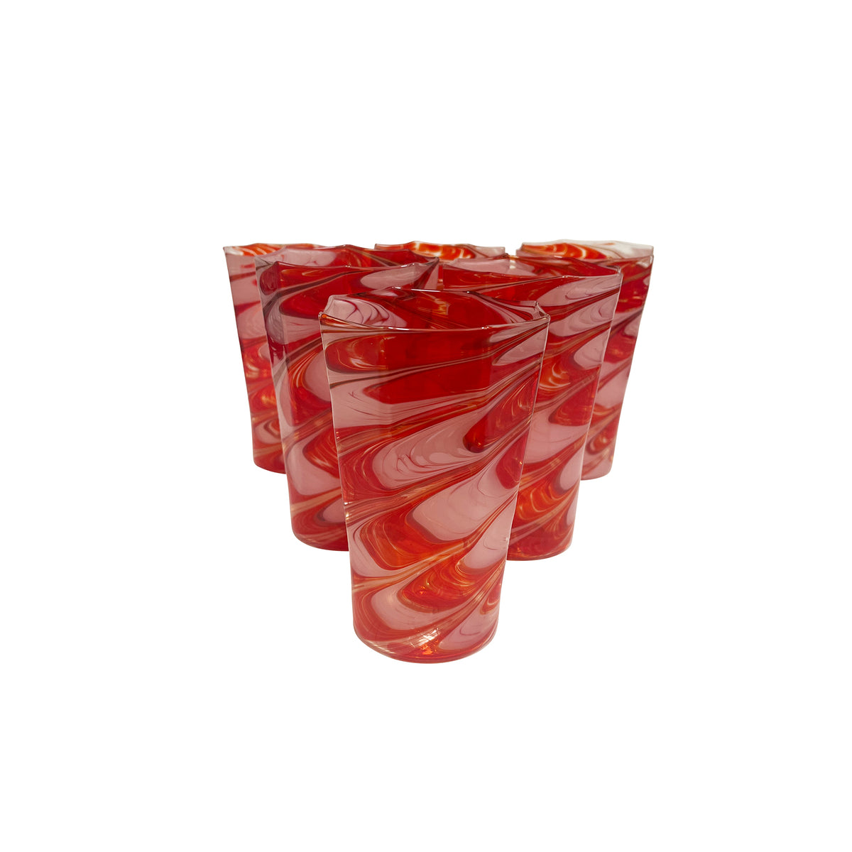 Set of Six Tall Octagonal Marbled Twist Glasses