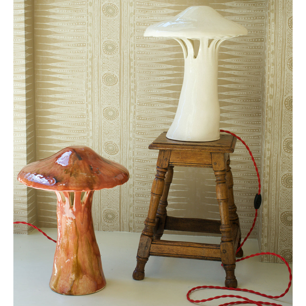 Ceramic Polychrome Marbled Shroom Lamp in White Crackle