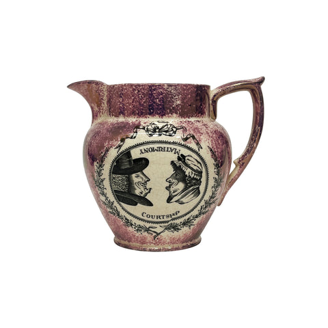 Pink Lustreware Pitcher with Caricatures of Matrimony and Courtship