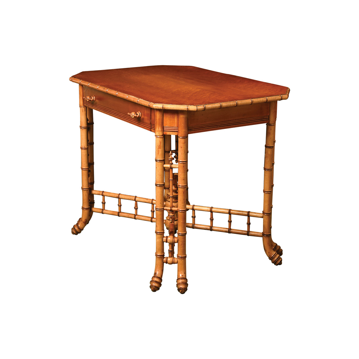 Late 19th Century Birdseye Maple Faux Bamboo Side Table with Cross Stretcher