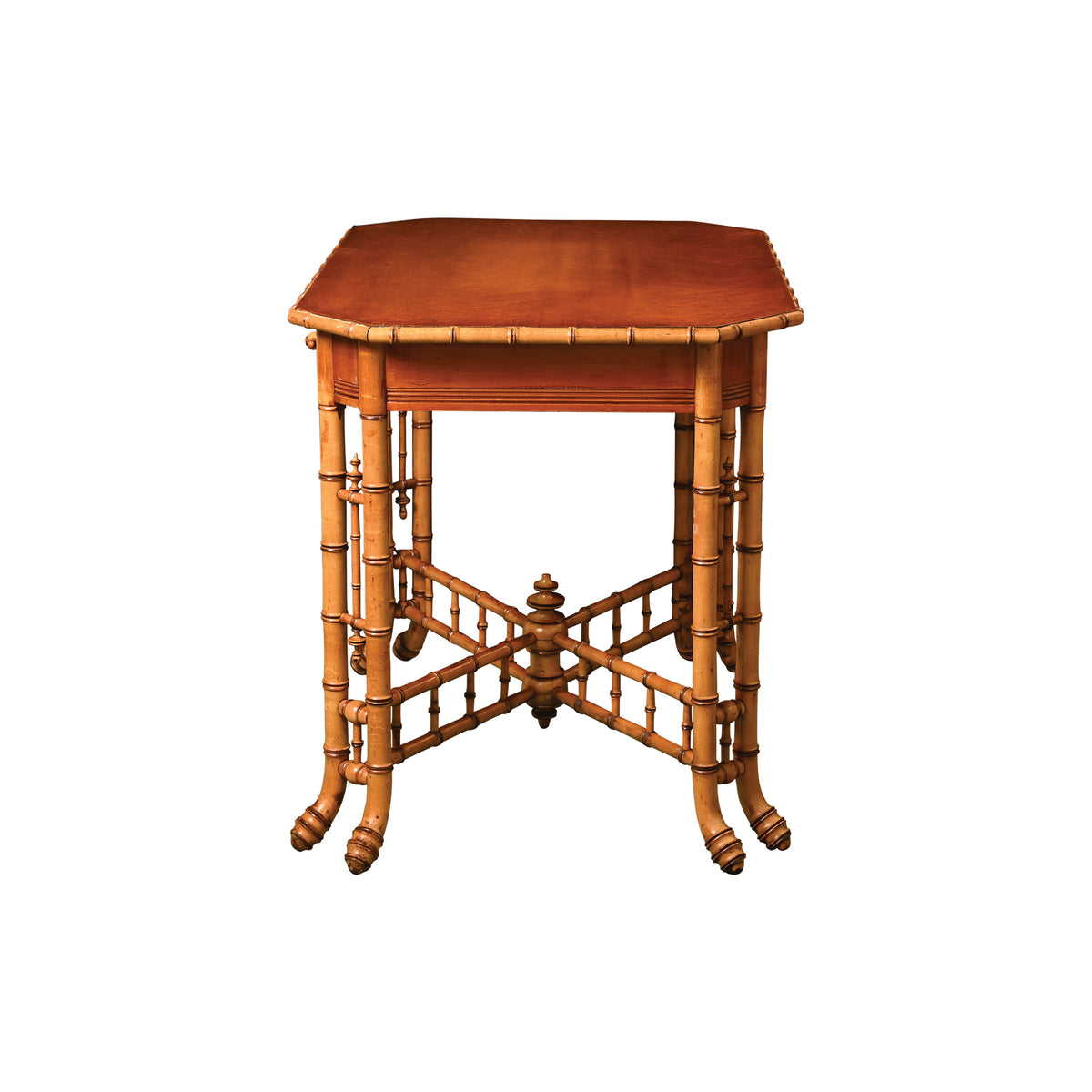 Late 19th Century Birdseye Maple Faux Bamboo Side Table with Cross Stretcher